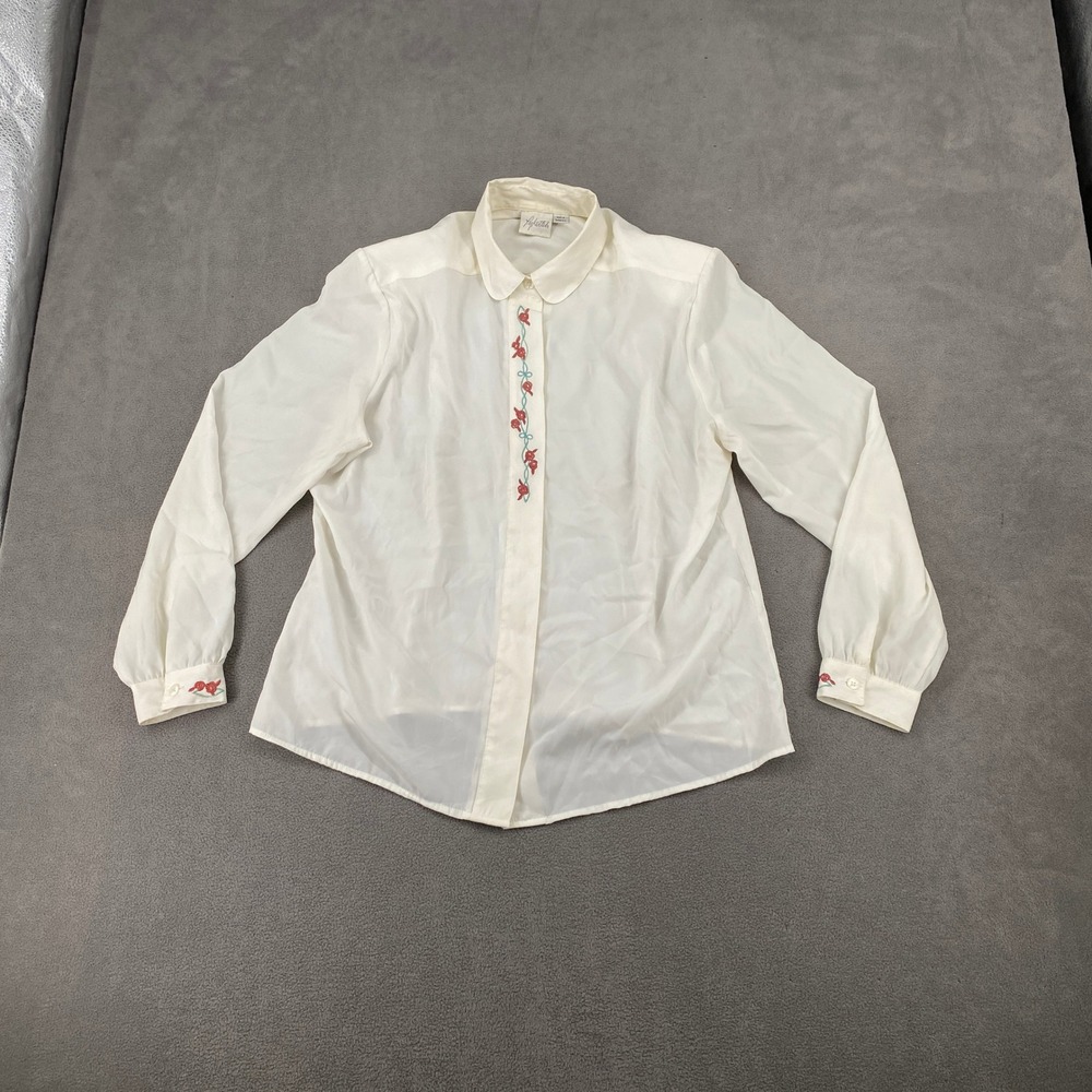 Vintage Pykettes Cream Floral Embroidered Button Up Blouse Long Sleeve Ivory